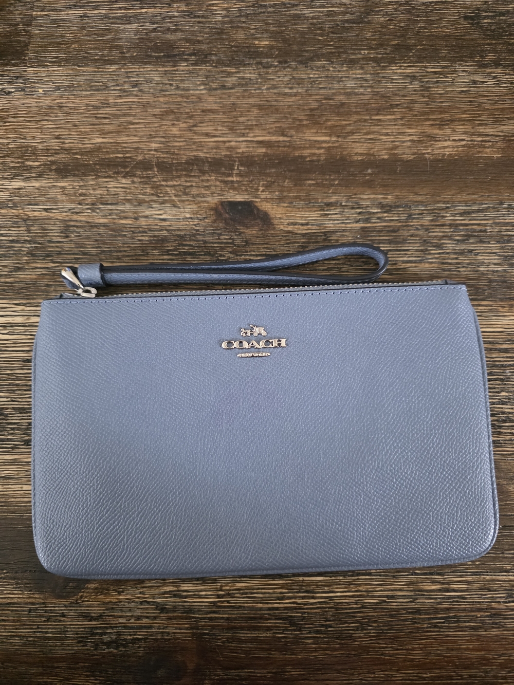 COACH Pebble Leather Wristlet Clutch Slate Silvertone Logo Blue